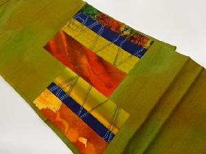 手織り紬切り嵌め四角に鱗・幾何学模様織出し名古屋帯